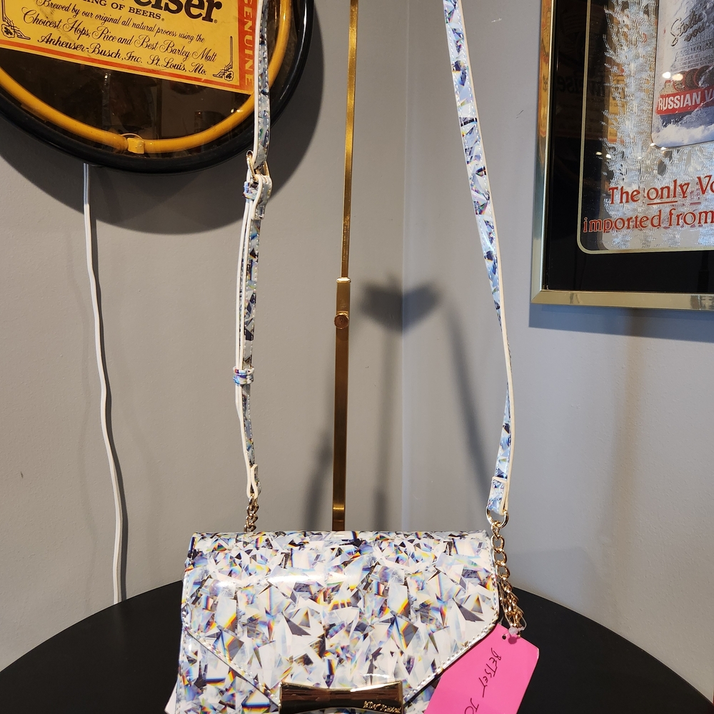 Betsey Johnson White Iridescent Gem Print Crossbody Bag